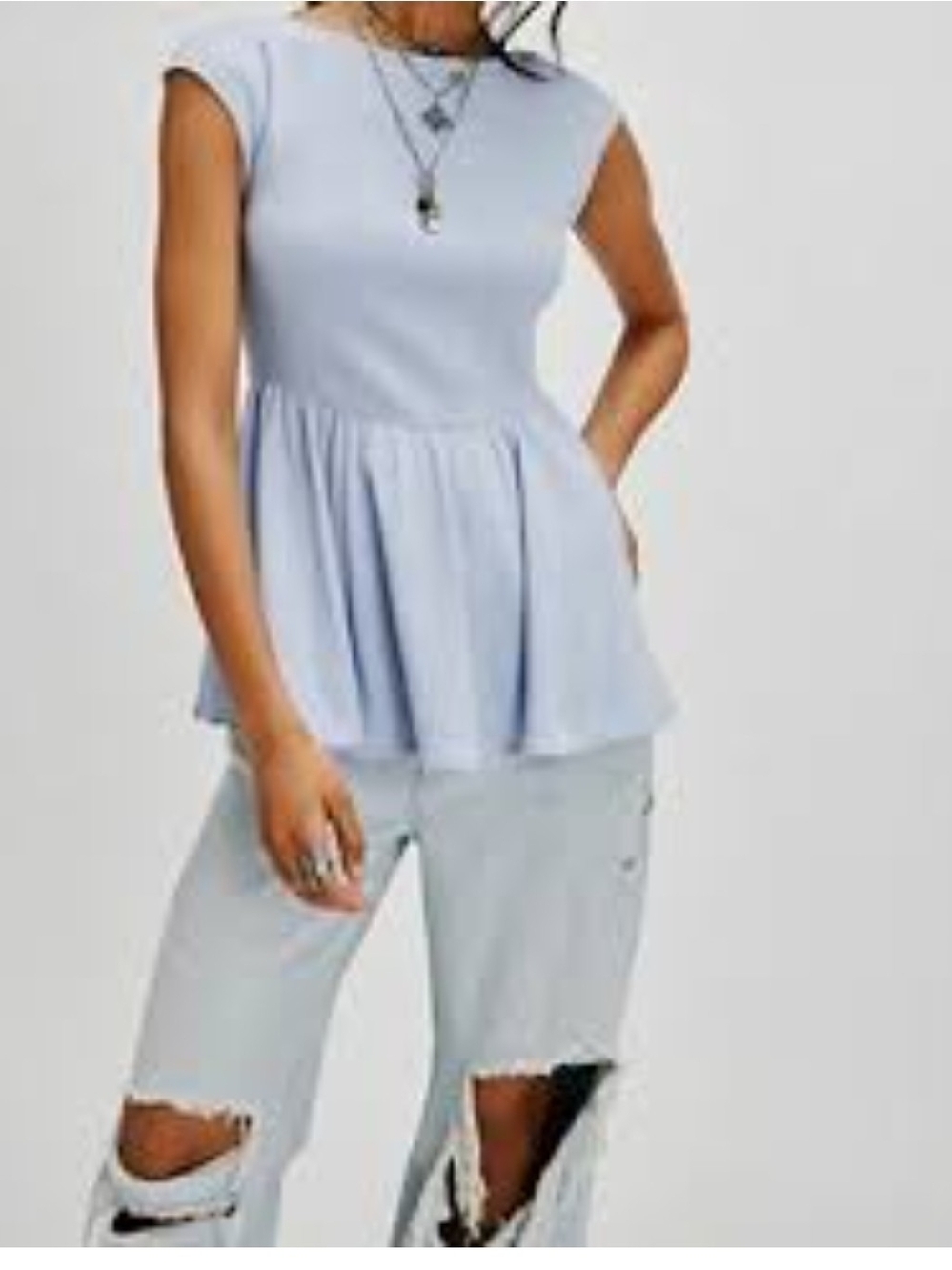 Free People Women Light Blue Ribbed Knit Peplum Scoop Neck Top Solid XS
